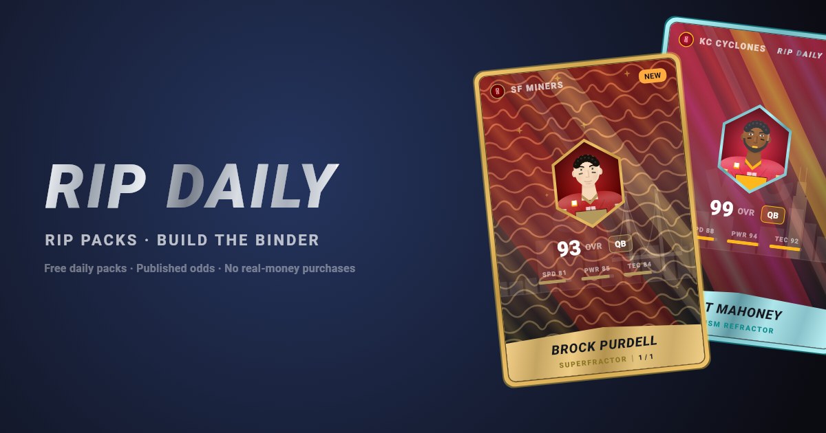 Rip Daily cards fanned out: a Base card, a Holo parallel, and a golden One-of-One